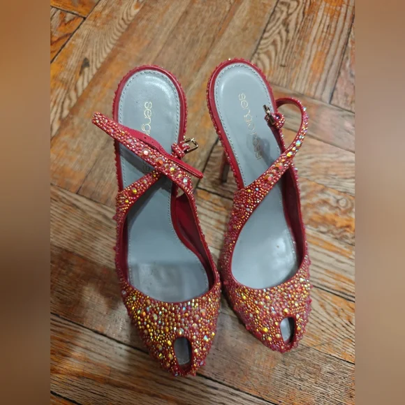 Sergio Rossi Straussed Rhinestone Red Heels 7.5 37.5 - Picture 6 of 7